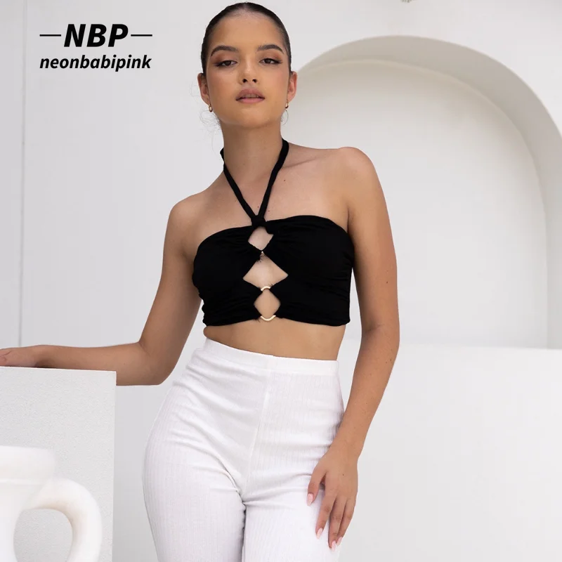 

NEONBABIPINK Sexy Cut Out Tank Tops Summer 2022 Womens Fashion Halter Backless Bralette Crop Top Black White N82-BA11