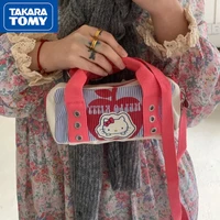 takara tomy girls new hello kitty striped stitching canvas cylinder handbag student portable cute sweet shoulder messenger bag