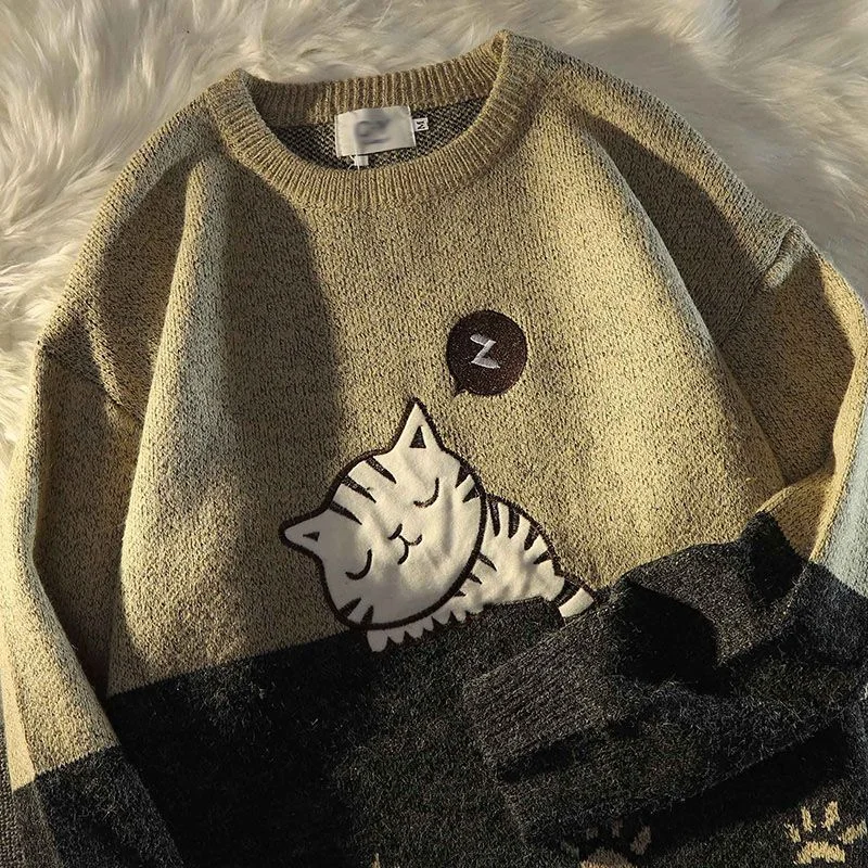 

Aesthetic Cartoon Cute Cat Embroidery Sweaters Men Women Oversized Pullover Kawaii Clothes Loose Casual Winter Y2K Top Harajuku