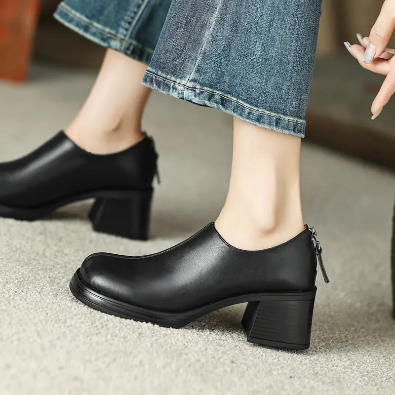 

ALLBITEFO Size 34-40 High Quality Soft Genuine Leather High Heels Spring Fashion Waterproof Thick-soled Women Heels Shoes