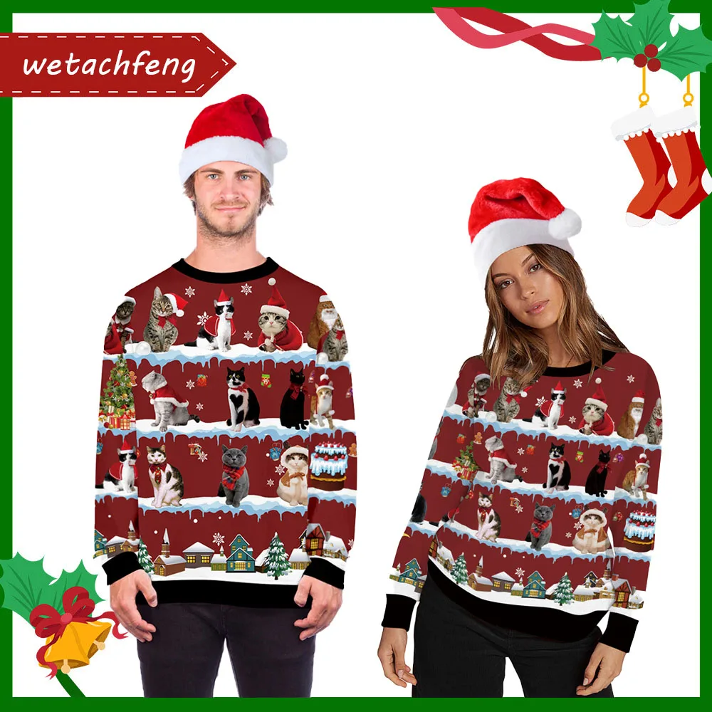 

Couples Ugly Christmas Sweater Funny Cat Xmas Pullovers Crewneck Autumn Winter 3D Printed Trendy Tacky Christmas Sweatshirts Top