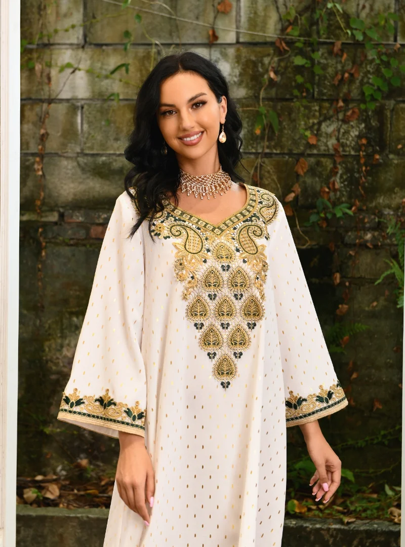 Arab Women Abayas Elegant Ethnic Dot Gold Stamping Applique Robe White Loose Dubai Moroccan Jalabiya Eid Muslim Dress