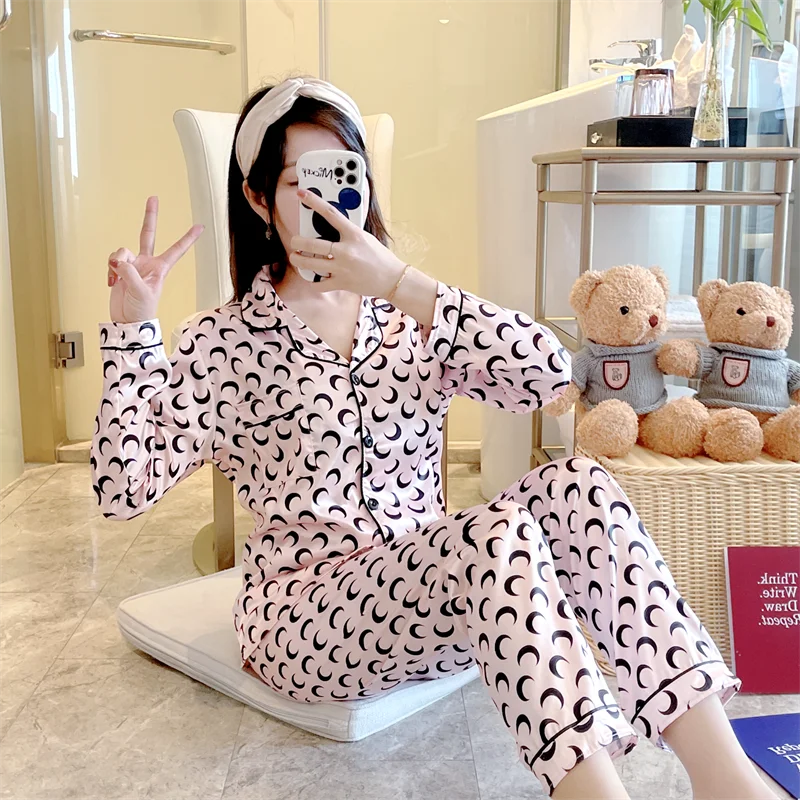 Pajamas Women's Ice Silk Long-sleeved Trousers Suit Spring Tide Brand Casual Pajamas Thin Section Light Luxury Women's Home Wear