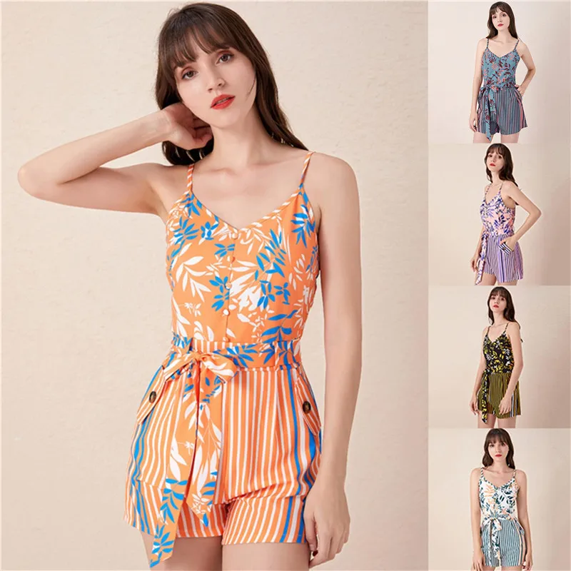 

Women's Summer Print Jumpsuit Short Pants Casual Slim Bandage V-Neck Beach Rompers Sleeveless Bodysuit Sexy Playsuit