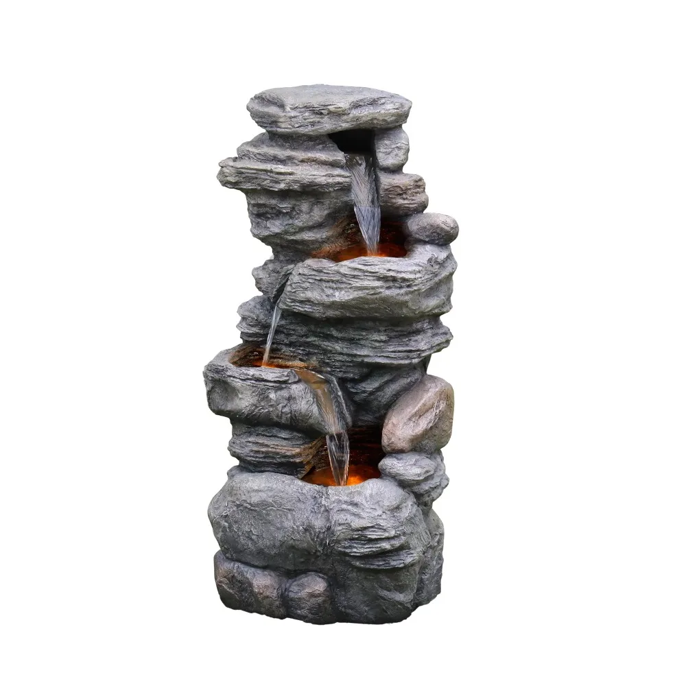 

Teamson Home Indoor/Outdoor 4-Tier Stacked Stone-Look Tall Waterfall Fountain with LED Lights
