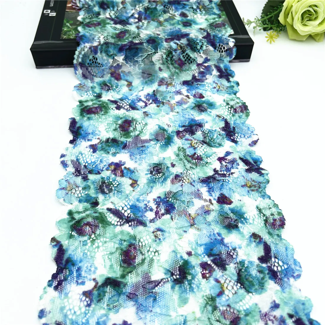 Эластичная эластичная кружевная бейка для одежды, ширина 18 см, сине-зеленый принт, аксессуары для шитья платьев, искусственная кружевная ткань, 3 ярд в партии