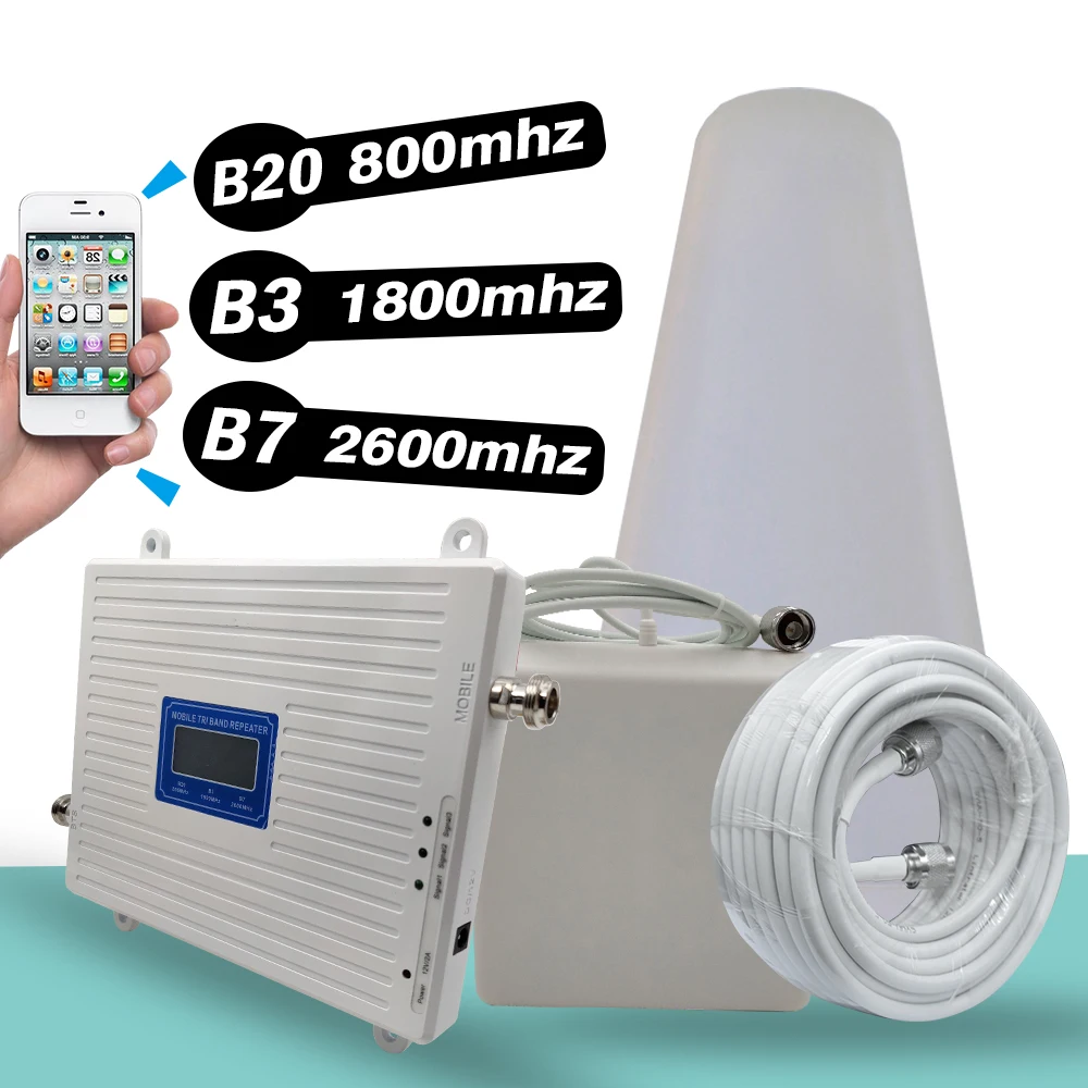 Трехдиапазонный усилитель сигнала LTE 800 (диапазон 20)+ DCS 1800 (диапазон 3)+ LTE 2600 (полоса 7) 4G мобильный ретранслятор сигнала Усилитель антенна полный комплект