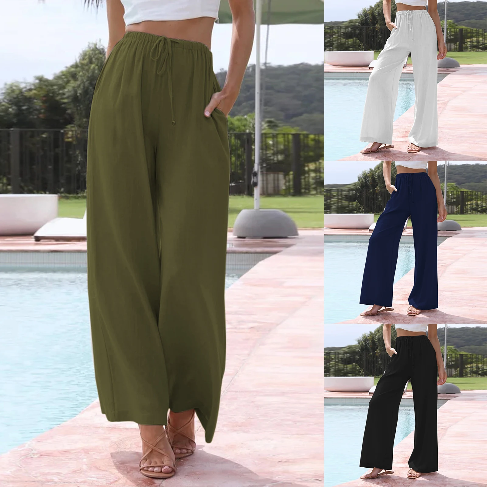 

Women Casual Trousers Spring Summer Cotton Linen Elastic Waist Pants Drawstring Trousers Solid Simple Elegant Female y2k Pants