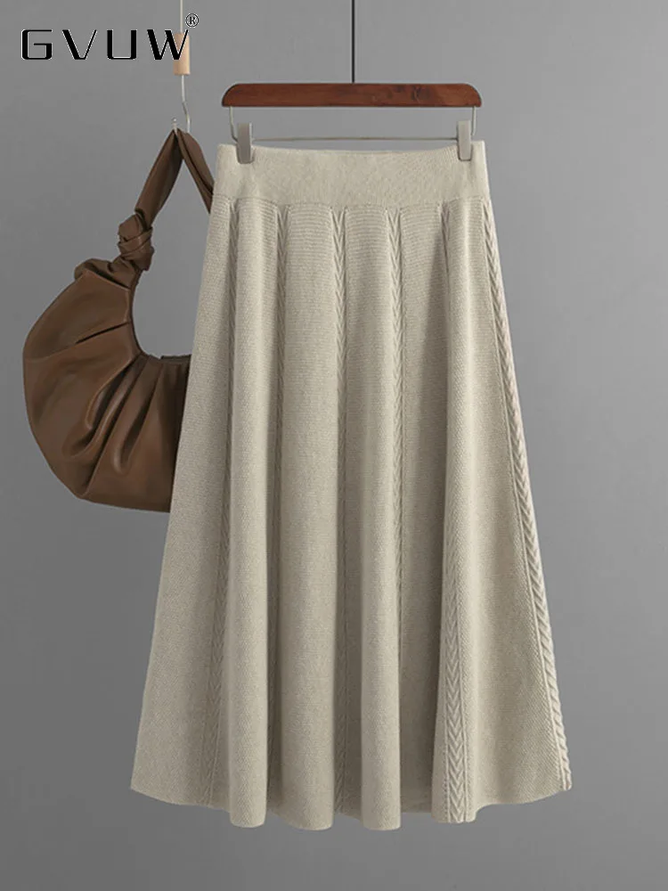 

GVUW 2023 New Autumn Knitted Skirt For Women Twist Solid Color Elastic Waist High Quality A-line Skirts Female Elegant 17G2283