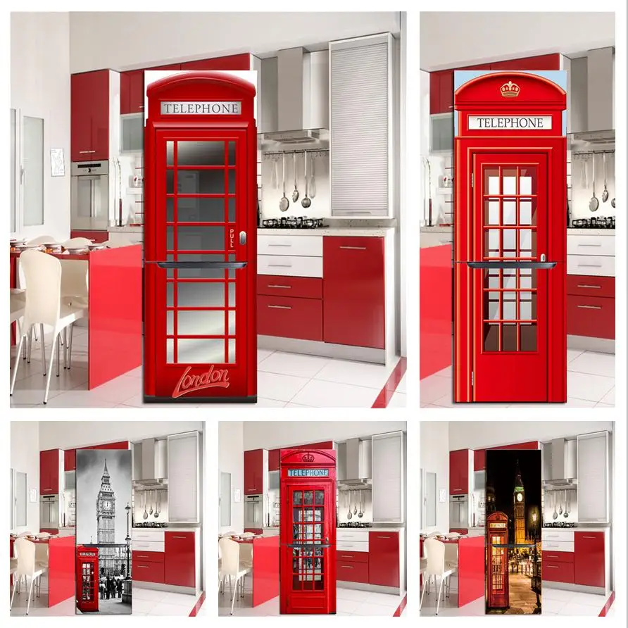 

Red Telephone Booth 3D Wallpaper For Fridge Adhesive Waterproof Wall Sticker Kitchen Refrigerator Door Decal Poster Custom Mural