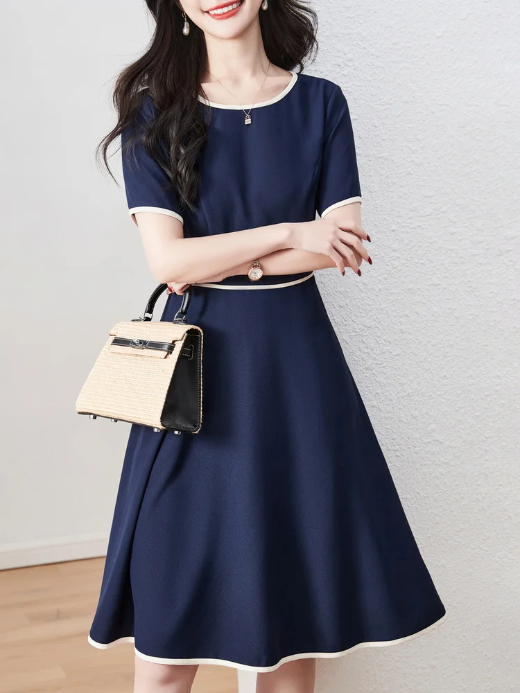

New Summer French Style Elegant Chiffon O-neck Knee-Length A-line Woman Dress High Waist Belt Slim Lady Dresses
