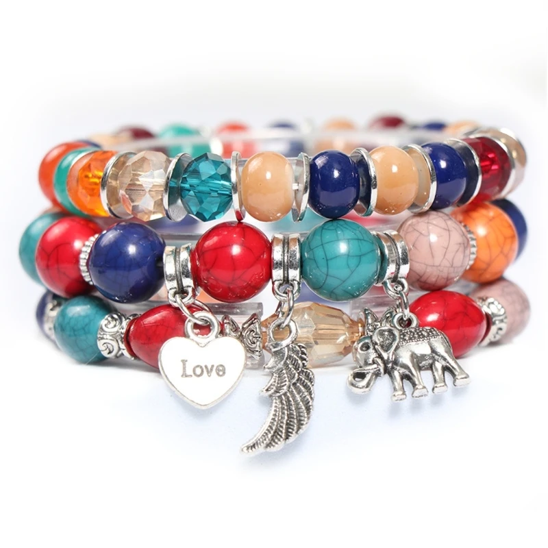 

Bohemian Female Heart Elephant Wing Tassel Multicolor Cracked Beads Bracelet