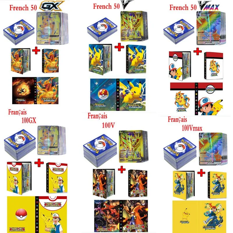 

Карты покемона во французском стиле, 50-100 шт., альбом с V VMAX TAG GX покемонами, блестящая версия французской игры «Battle Trading», флэш-карты