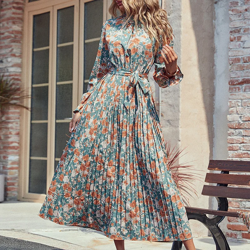 

Retro Bohemian Maxi Dresses Women Autumn Long Sleeve Turtleneck Floral Print Long Dress Elegant Lady Casual Pleated Dress Winter