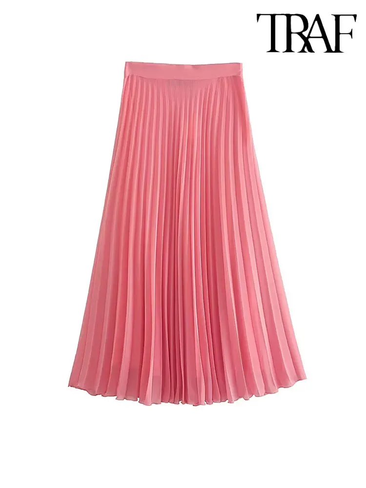 

TRAF 2023 Spring Summer Pleated Skirt Pink Long Skirts for Women High Waist Midi Skirt Women Elegant Skirts