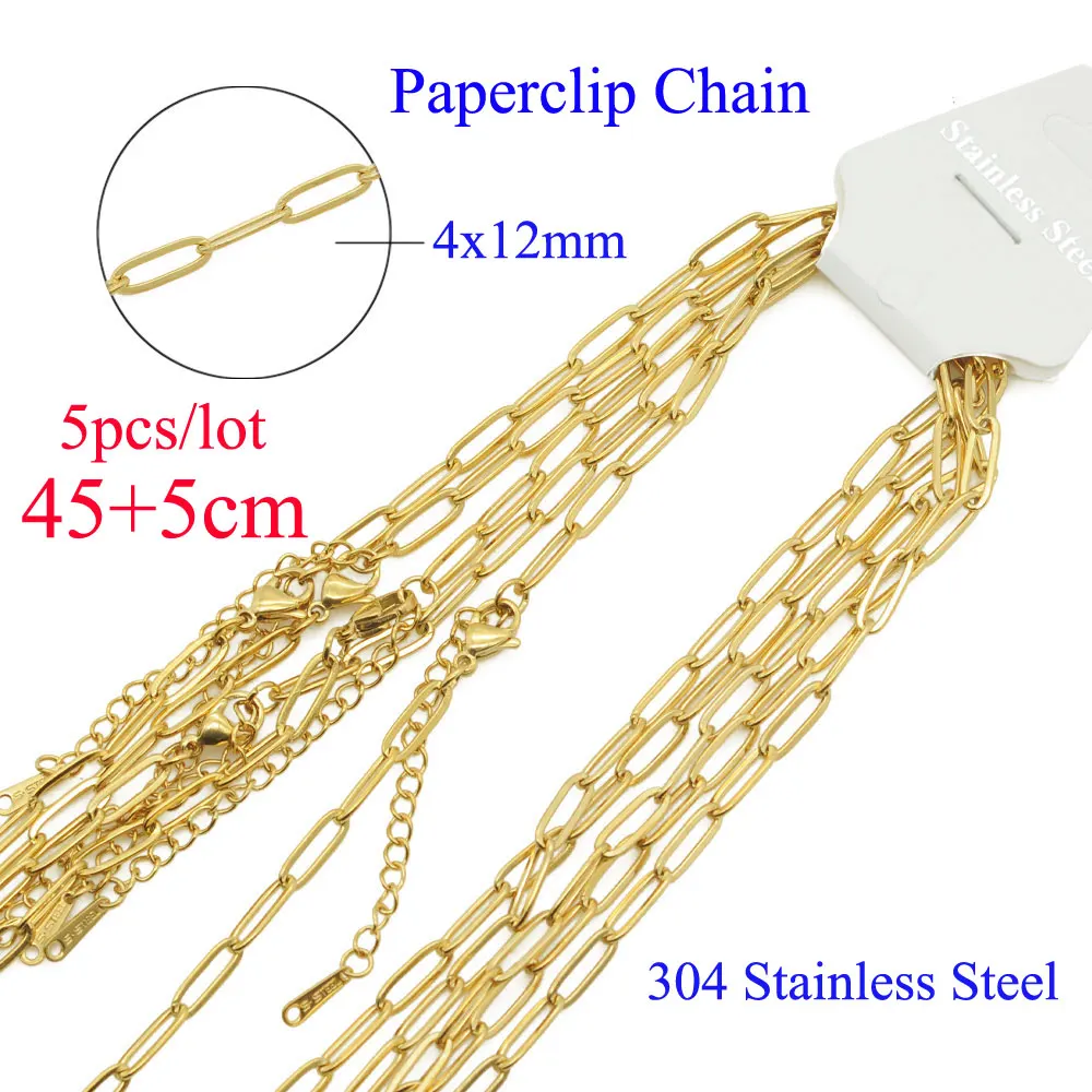 5pcs/lot Bulk Wholesale 304 Stainless Steel Paperclip Chain Necklace for DIY Jewelry Making 45+5cm Box Fiago Snake Curb - купить по