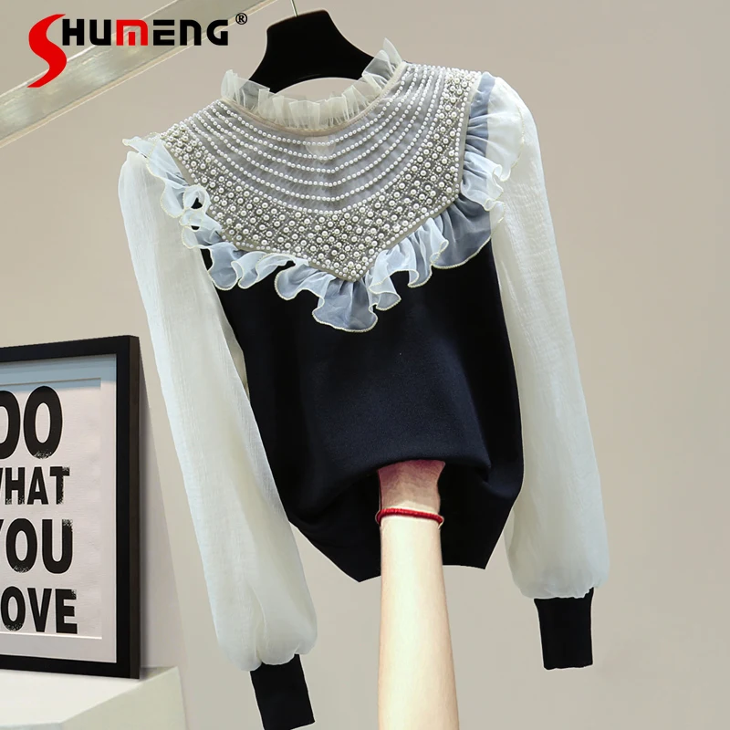 

Heavy Industry Beads Long-Sleeved Sweater 2022 Autumn and Winter Chiffon Patchwork Ruffled Elastic Outerwear Bottoming Shirt