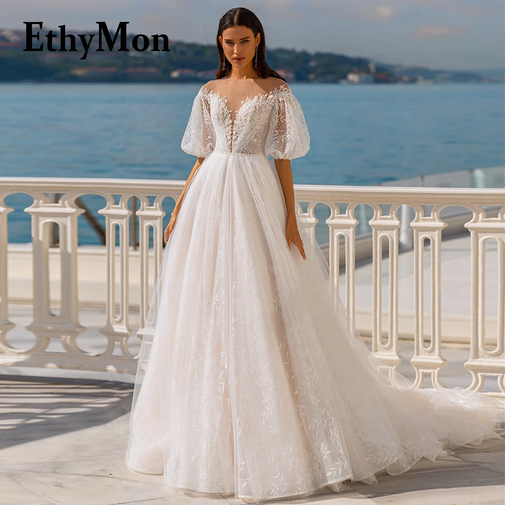 

Ethymon Fancy Scoop Tulle Polka Dot Beadings Wedding Gown For Bride Button Half Sleeves Personalised Robe De Soirée De Mariage