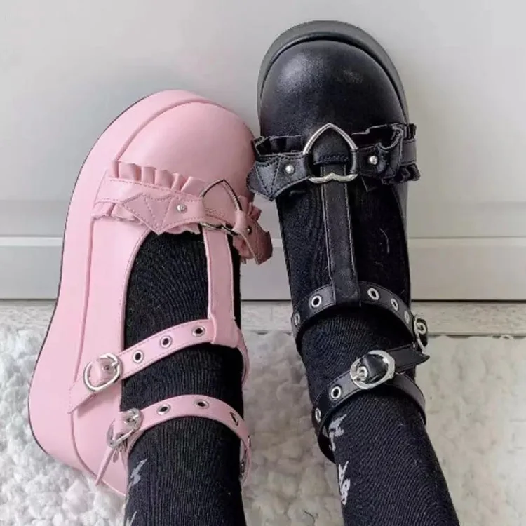 

new Sweet Heart Buckle Wedges Mary Janes Women Pink T-Strap Chunky Platform Lolita Shoes Woman Punk Gothic Cosplay Shoes 43
