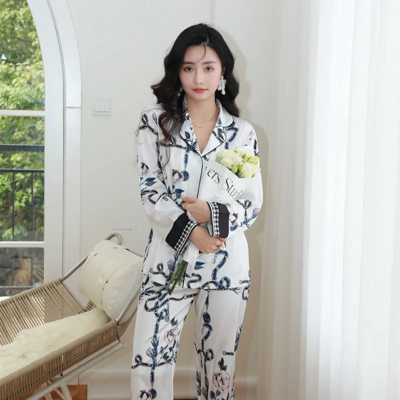 New Ice Silk Pajamas Women's Elegant Chain Rose Print Long Sleeve woman pijama set  pijamad de mujer  sleep wear