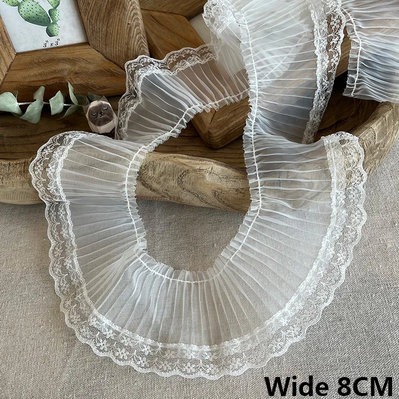 

8CM Wide White Pleated Organza Lace Fabric Clothes Collar Neckline Ruffle Trim Ribbon Wedding Headwear Apparel DIY Sewing Decor