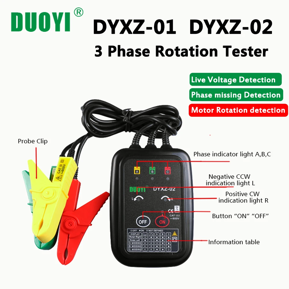 

DUOYI DYXZ-01 DYXZ-02 3 Phase Detector Rotation tester Non-Contact Phase Sequence Detector Meter Indicator Digital LED Buzzer