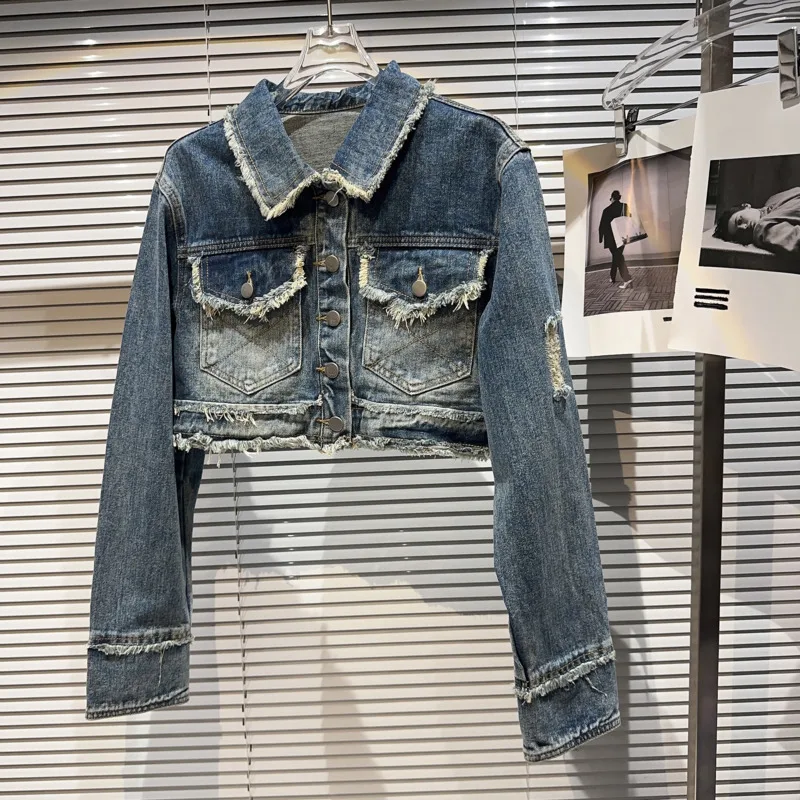 

PREPOMP 2023 Autumn New Collection Long Sleeve Turn Down Collar Ripped Holes Double Pockets Blue Short Denim Jacket Women GL261