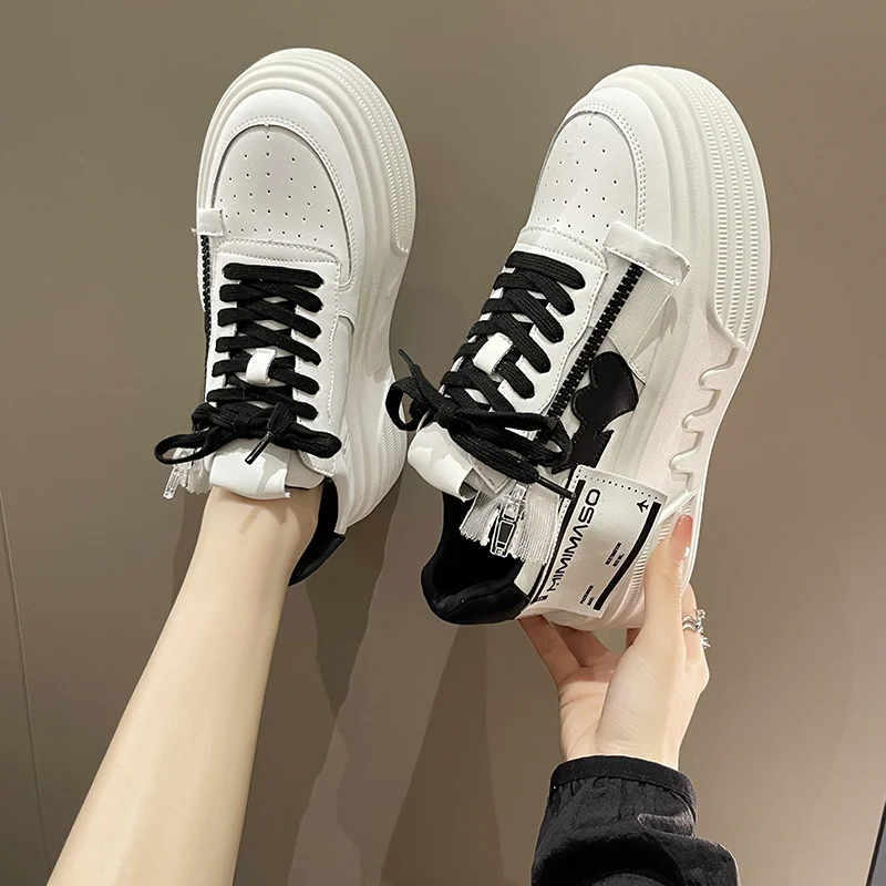 

Pu Leather Women's Thick Bottom Fashion Kawaii Lace Up Round Toe Women's Vulcanzed Shoes Thick Bottom Sneakers Fashion All-match