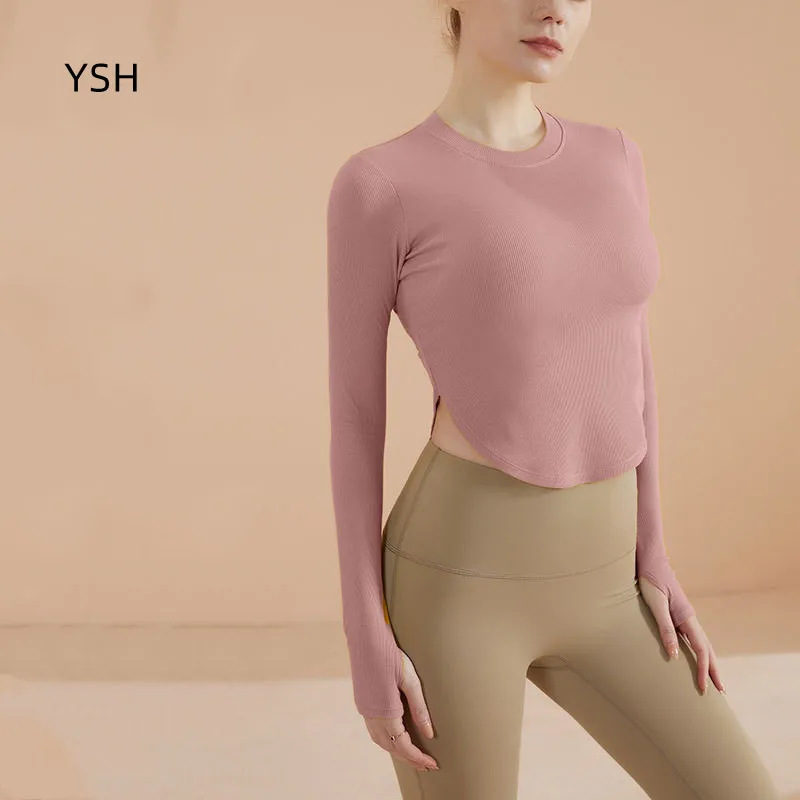 

YUSHUHUA, рубашки для йоги с круглым вырезом, минималистичный женский кроп-Топ с длинным рукавом для фитнеса, тренировок, топы, футболки для бега, мягкая одежда для спортзала