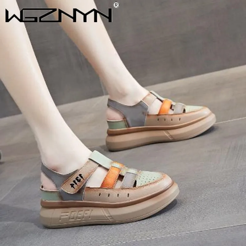 

2022 New Fashion Retro Flat Shoes Mixed Colors Genuine PU Leather Sports Sandals Woman Hook Loop Ladies Dress Platform Sandals