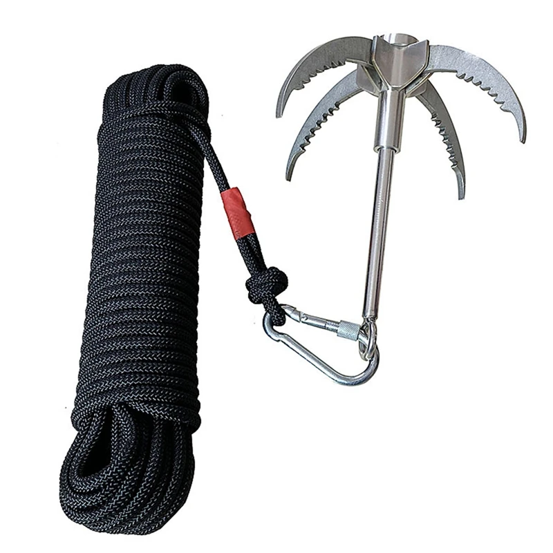 

Climbing Foldable Safety Portable Multifunction Stainless Steel Grappling 4 Claws Hook With Climbing Rope And Carabiner