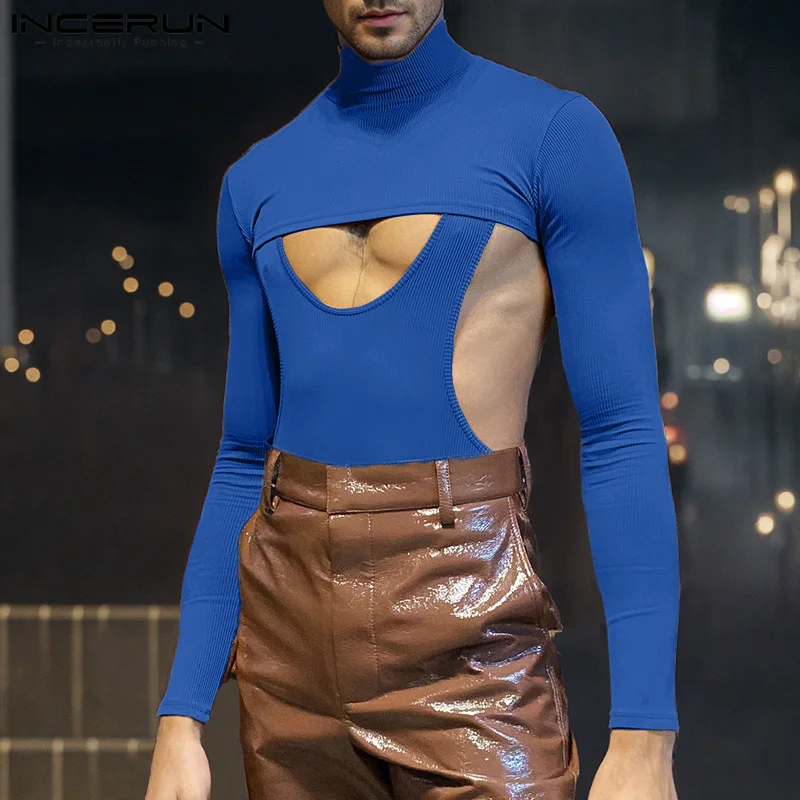 INCERUN мужские повседневные однотонные футболки сексуальные с высоким воротником
