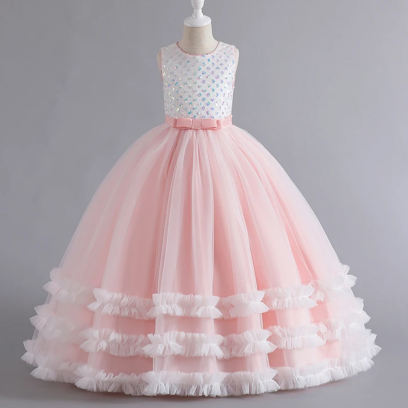 

6629 Baby Dresses For Eid 2023 Girls' Sleeveless Mesh Puffy Princess Length Rainbow Skirt Dinner Piano Performance
