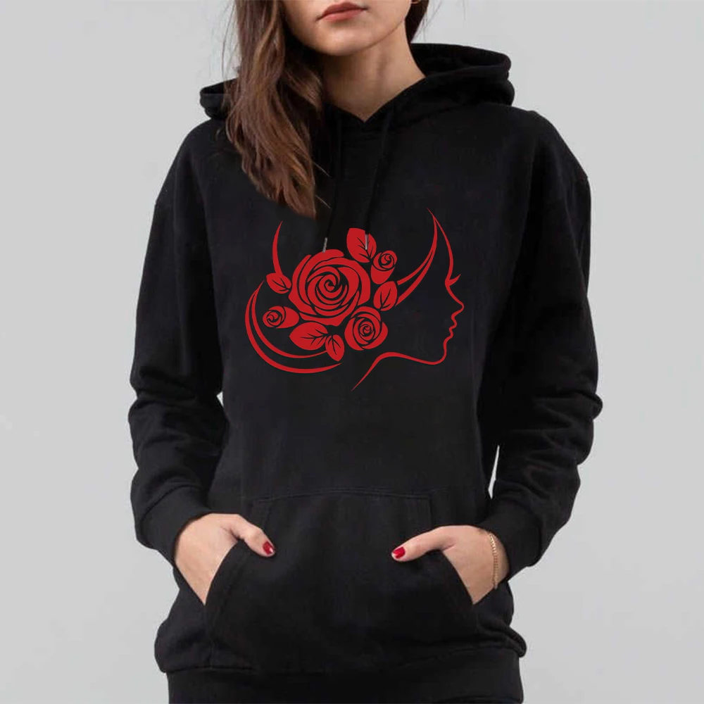 

Women Fashion Rose Flower Print Hoodies Tops Long Sleeve Female Pullover Harajuku Streetwear Sisters Clothes