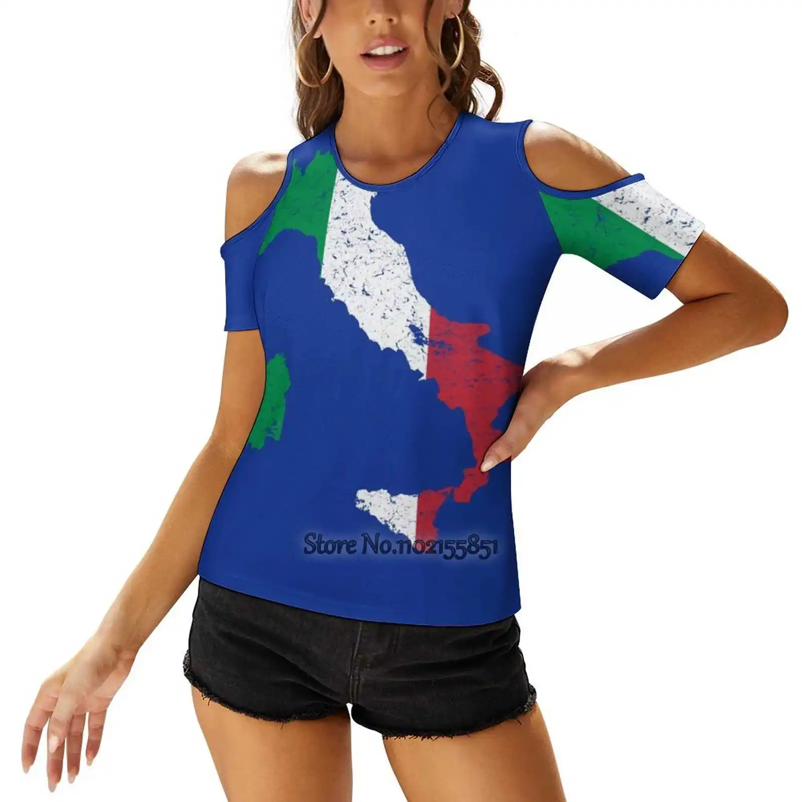

Italy Map Flag Sexy T-Shirt Casual Tops Pullover Ladies Top Back Lacing T Shirts Italy Map Flag With Stroke And Emblem Flag