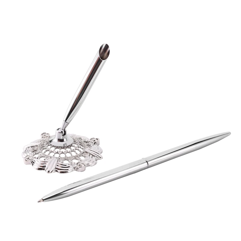 

Hollow Round Pen Holder Signing Pen Set For Wedding Bridal, Silver