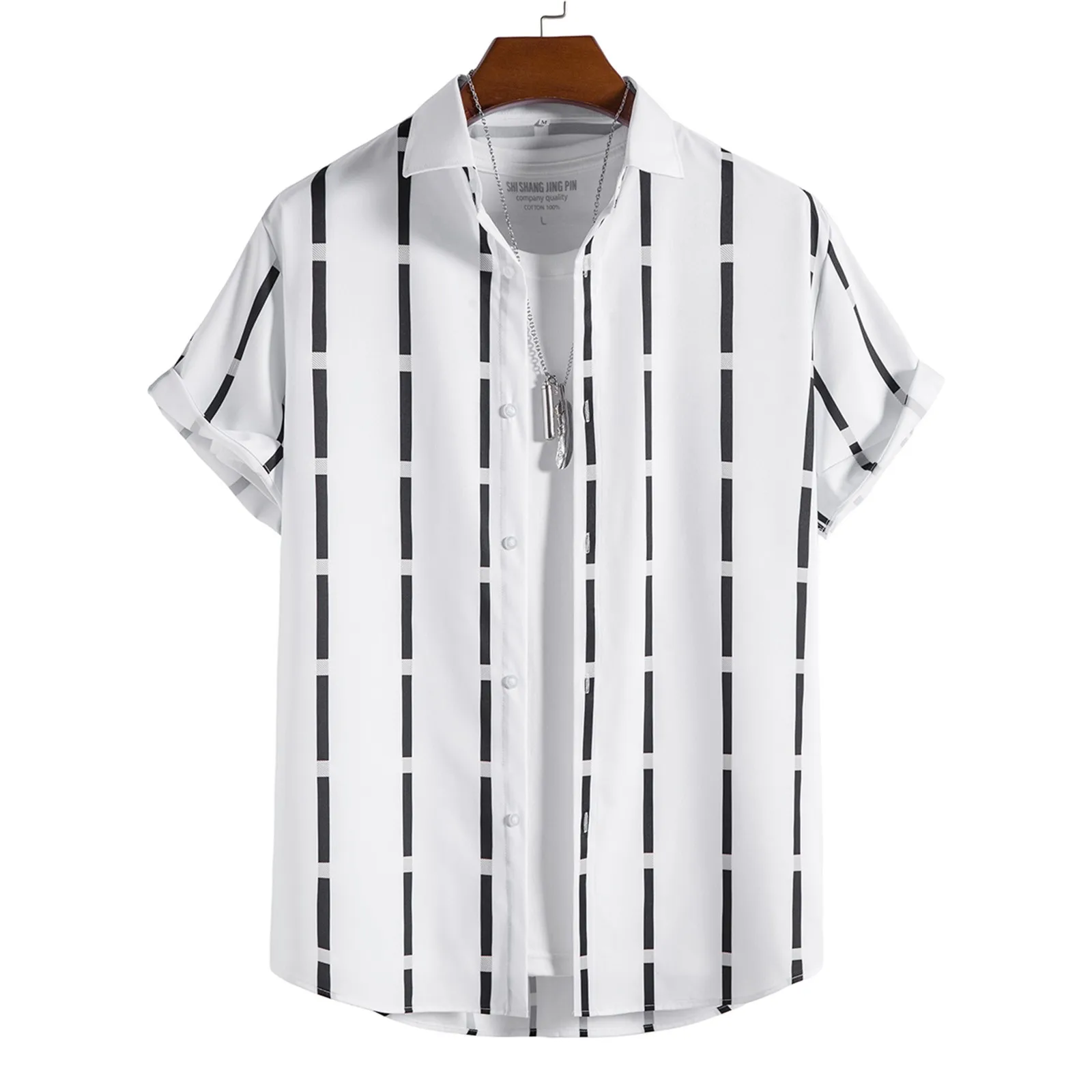 

Men Casual Button Down Summer Short Sleeves Striped Printed Cardigan Shirts Jumpsuit Men