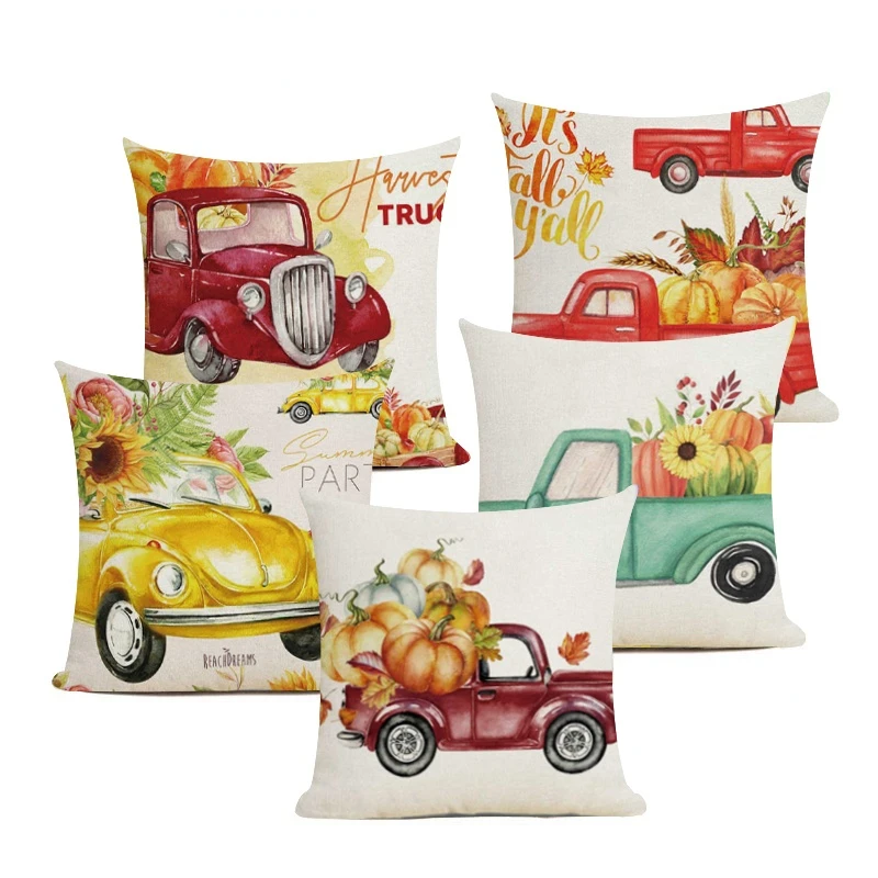

Happy Thanksgiving Cushion Cover 45X45CM Home Decor Pumpkin Truck Print Pillow Case Seat Chair Throw Pillowcase Linen Pillowslip