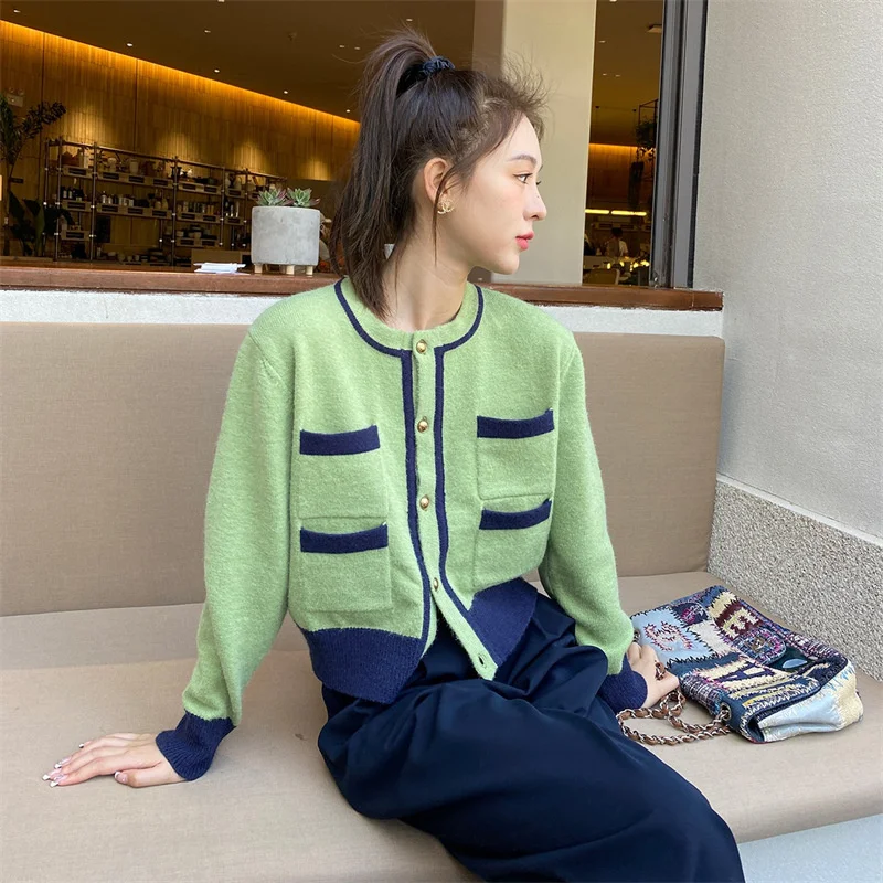

Korean Women's Sweater 2022 Autumn Winter New Sweater Coat Female Retro Round Neck Pocket Long-sleeved Knitted Cardigan Tops