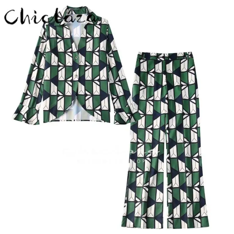 

CHICLAZA 2022 Spring Summer Women Thin Slim V Neck Print Shirts+ High Waist Pant Suit Female casual trousers 2 Piece Set Ladies