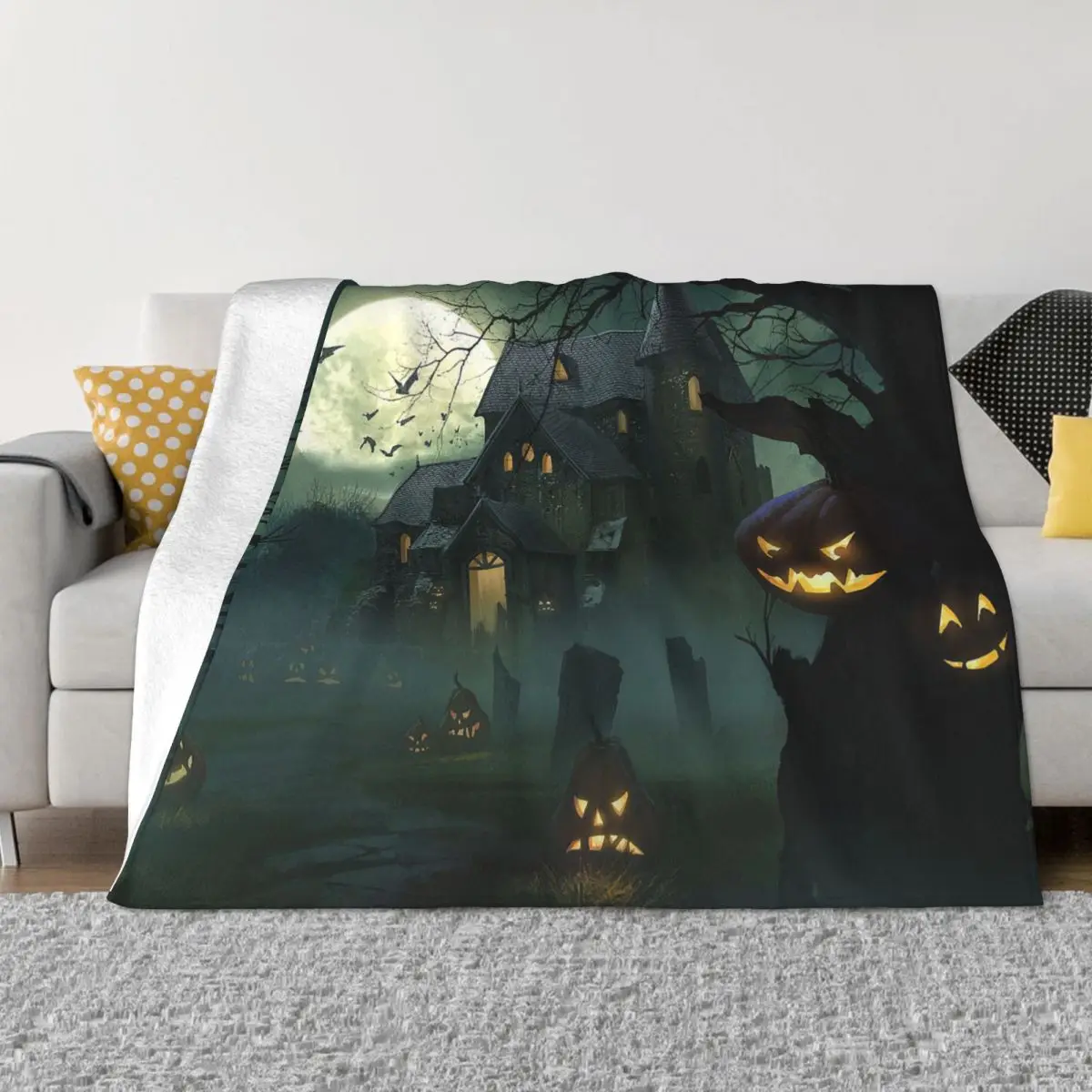 

Happy Halloween Pumpkin Fuzzy Blanket Haunted Mansion Custom Throw Blanket for Sofa Bedding Lounge 150*125cm Bedspreads