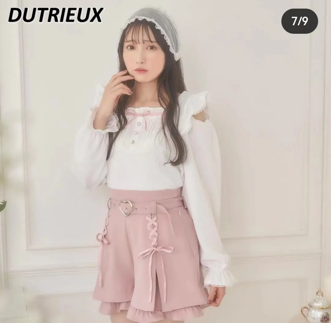 

Женские шорты в японском стиле, летние однотонные шорты Hc Love Belt с высокой талией и симметричной лентой, кружевные Свободные повседневные шорты