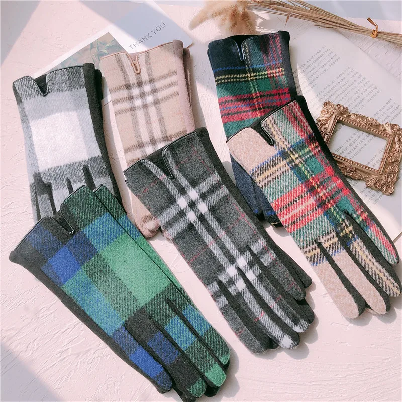 

New Fall/winter Touch Screen Finger Gloves Wool Plaid Thick Cashmere Thermal Gloves