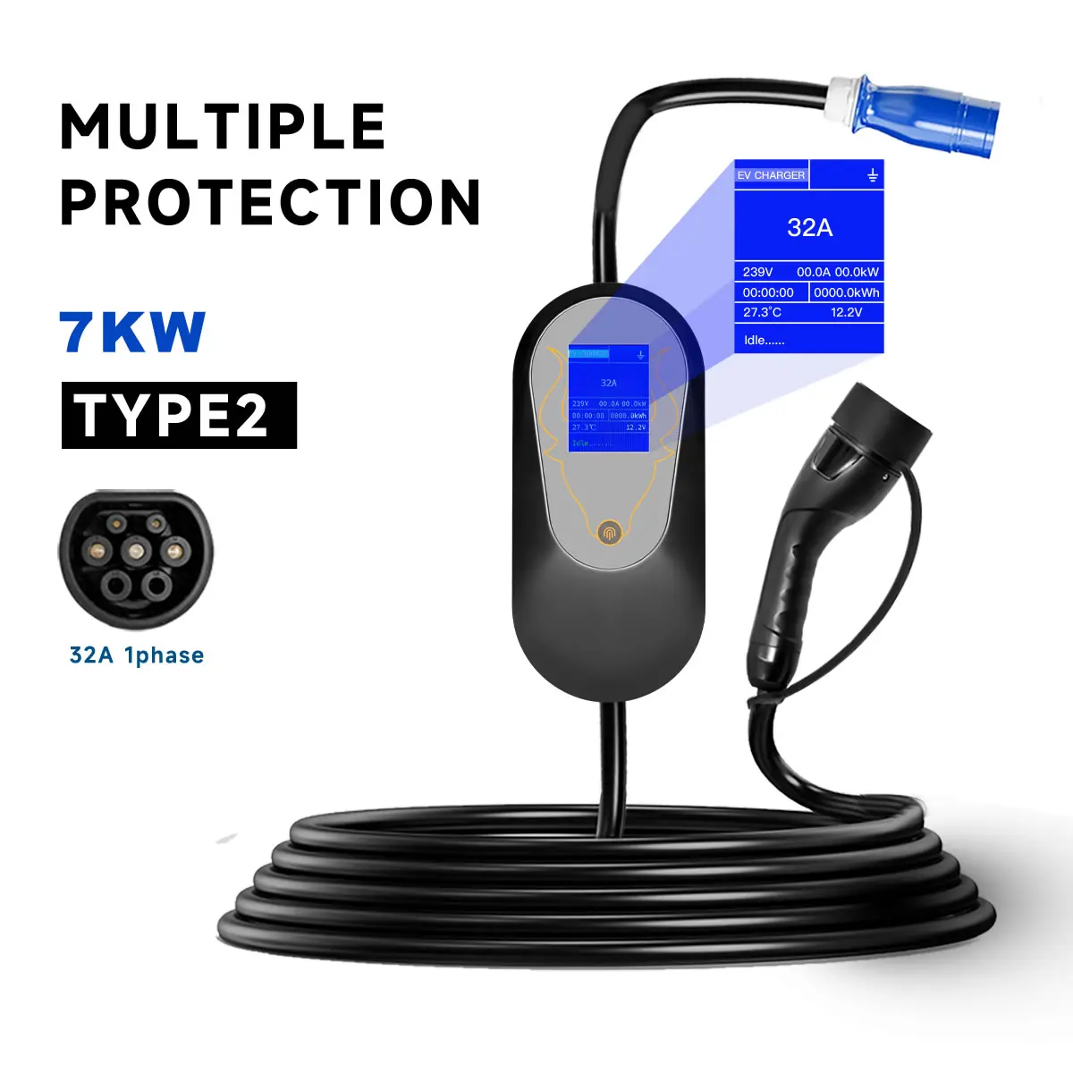 

Portable EV Charger Type2 IEC62196-2 with CEE Plug EU 7KW 32A Adjustable Current 5m cable Electric Vehicle Charger