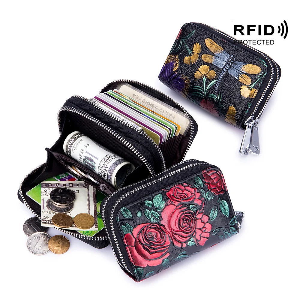 Women Leather Rfid Card Holders Wallets Female Double Zipper Purses Ladies Money Bag Large Capacity Coin Bag Clutch Card Case