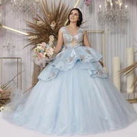light blue quinceanera dress ball gown sheer neck tulle bow tiered appliques sequins princess sweet 16 dress vestidos de 15 a%c3%b1os