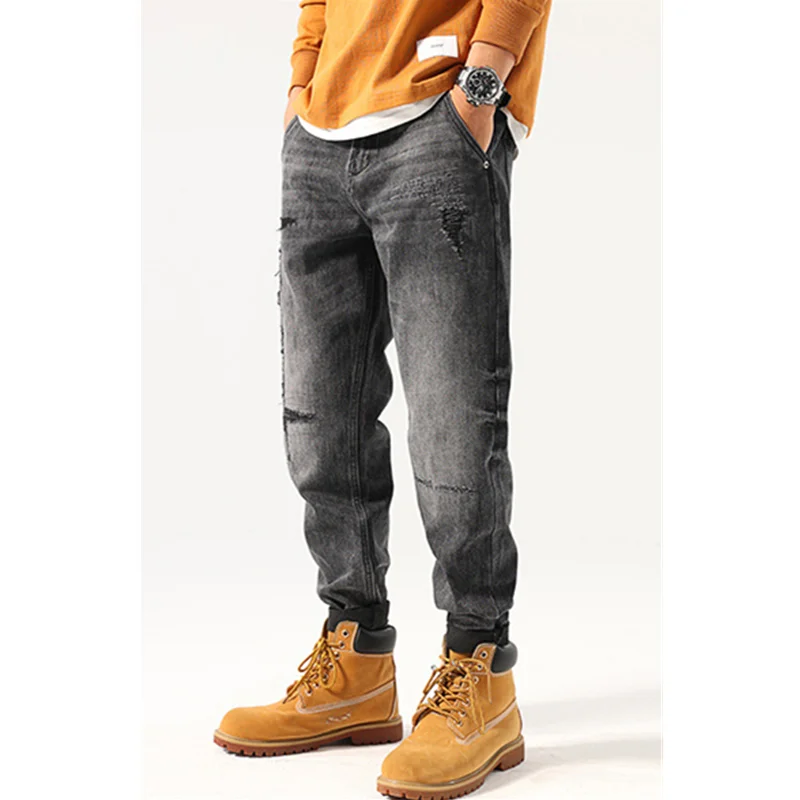 Streetwear Men 2022 New Pattern Hole Patch Black Jeans Vintage Loose Recreational Straight Cylinder Large Trousers Autumn Female