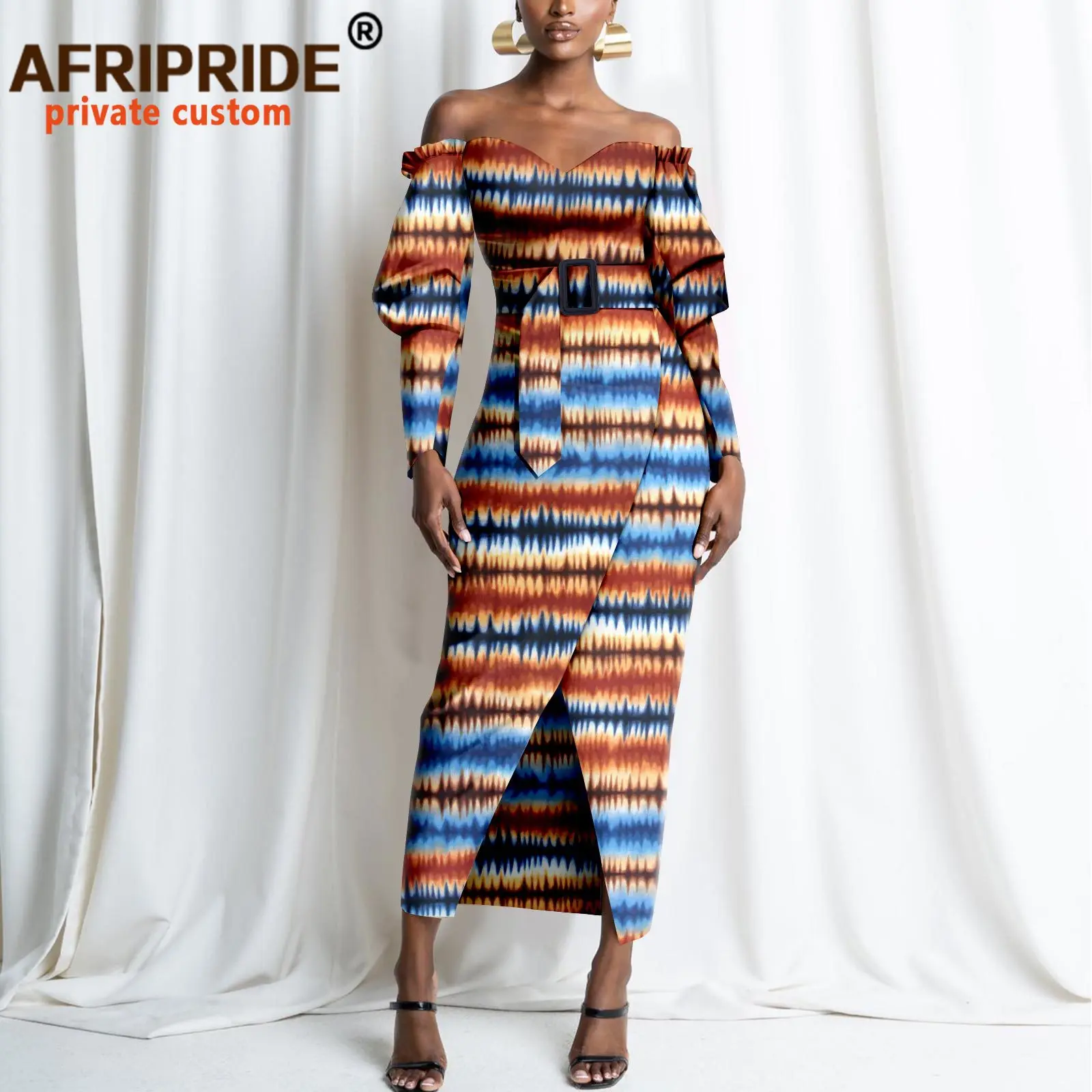 

Afripride African Attire Women Casual Dresses Full Sleeves Ankle Length Strapless Cotton Dress A2225073