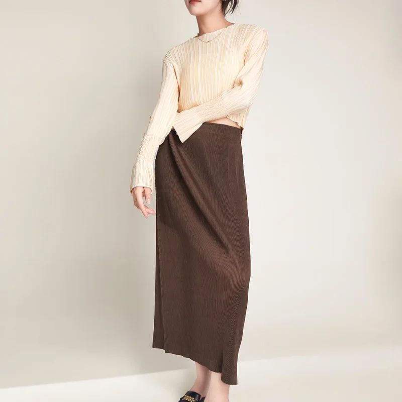 Hip-packed skirt women's high-end pleated elastic design niche slits long versatile one-step skirt