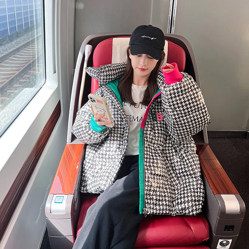 Women Black Plaid Down Jacket Winter Fashion Contrasting Colors Short Windproof Warm Thicken Coat Hooded Puffer Outwear Tops